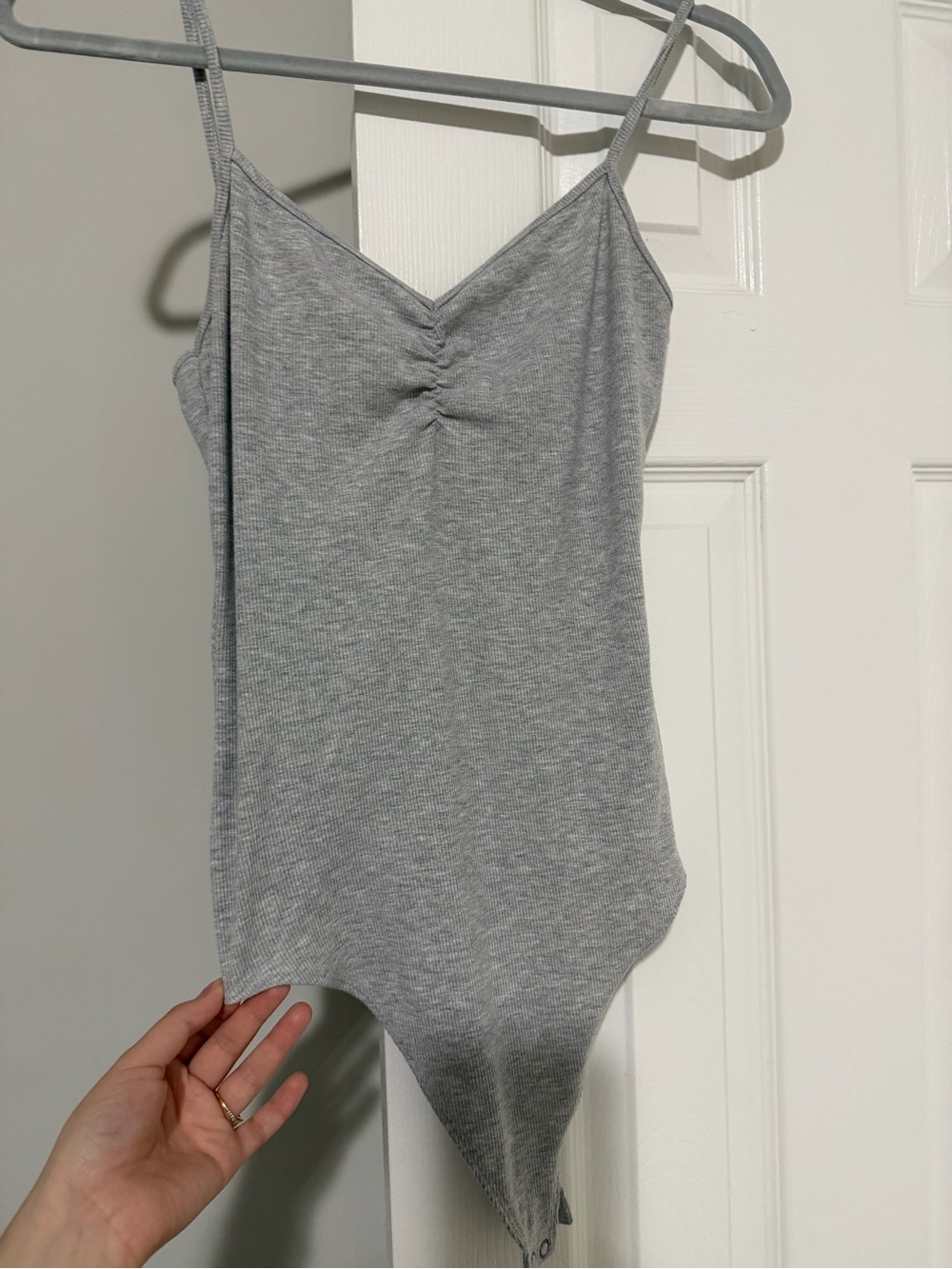 Grey Ribbed V-Neck Scoop Bodysuit with Front Ruched Detail